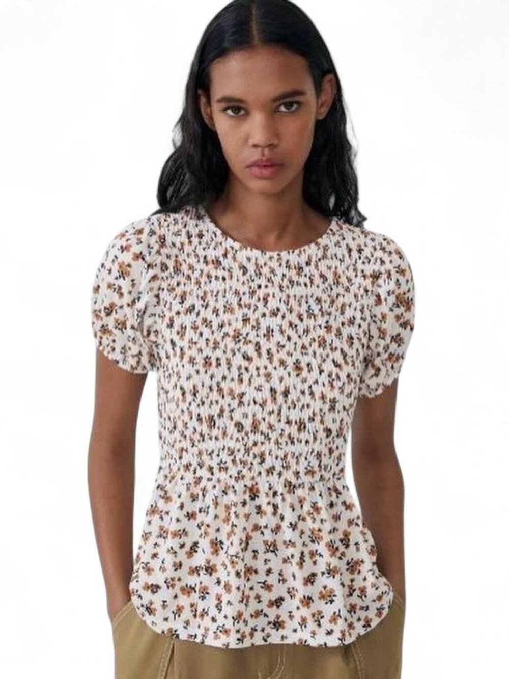 Zara Floral Smocked Peplum Bubble Sleeve Blouse
